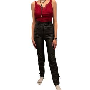 Kawhel Women's Black Leather Side Lace Up Moto Pants High Waist Lined XS